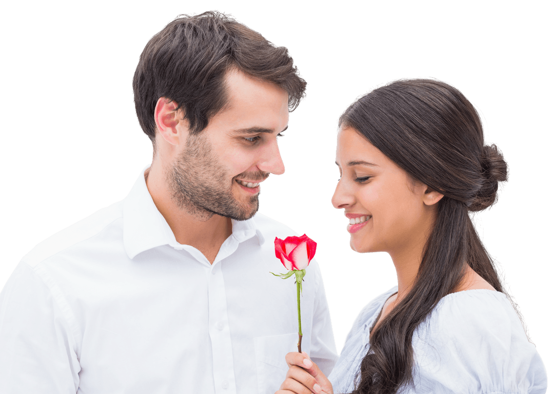 Romantic Couple on Transparent Background Holding Rose