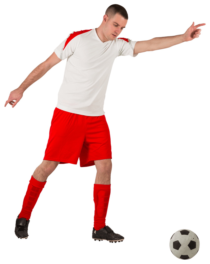Athletic Football Player Skillfully Guiding Ball on Transparent Background