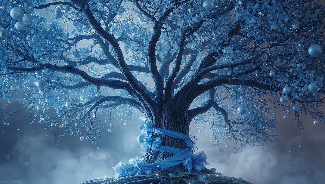 Enchanting Mystical Tree with Glowing Ornaments in Misty Forest