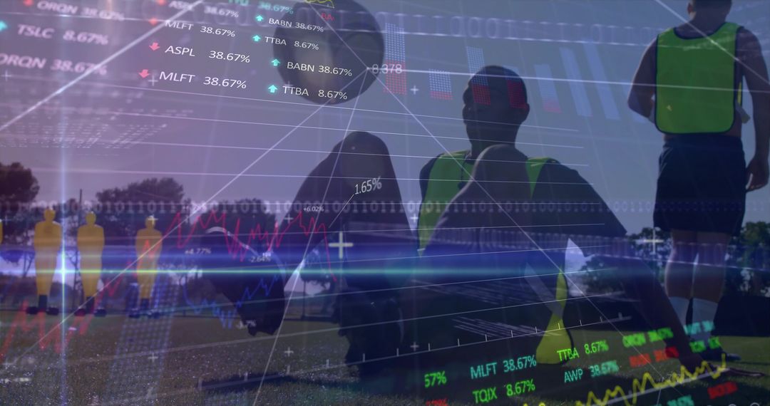 Athlete Training on Grass with Market Overlay Visualizing Sports Analytics and Teamwork