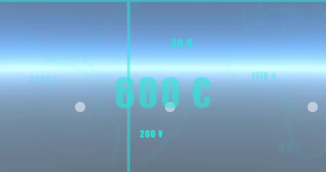 Futuristic HUD showing central 600€ with currency markers and cyan divider