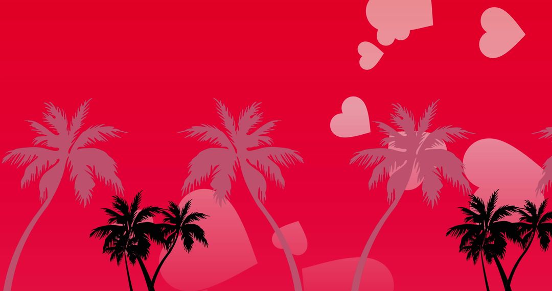 Romantic Red Background with Palm Trees and Heart Shapes