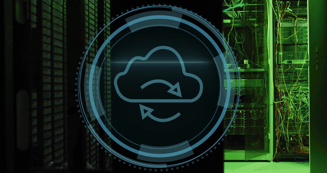 Holographic Cloud Sync Icon in Data Center with Servers