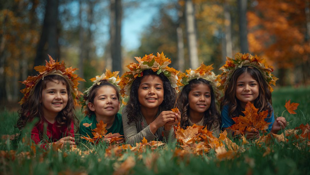 Children wearing leaf crowns smiling and lying in autumn meadow with fallen leaves