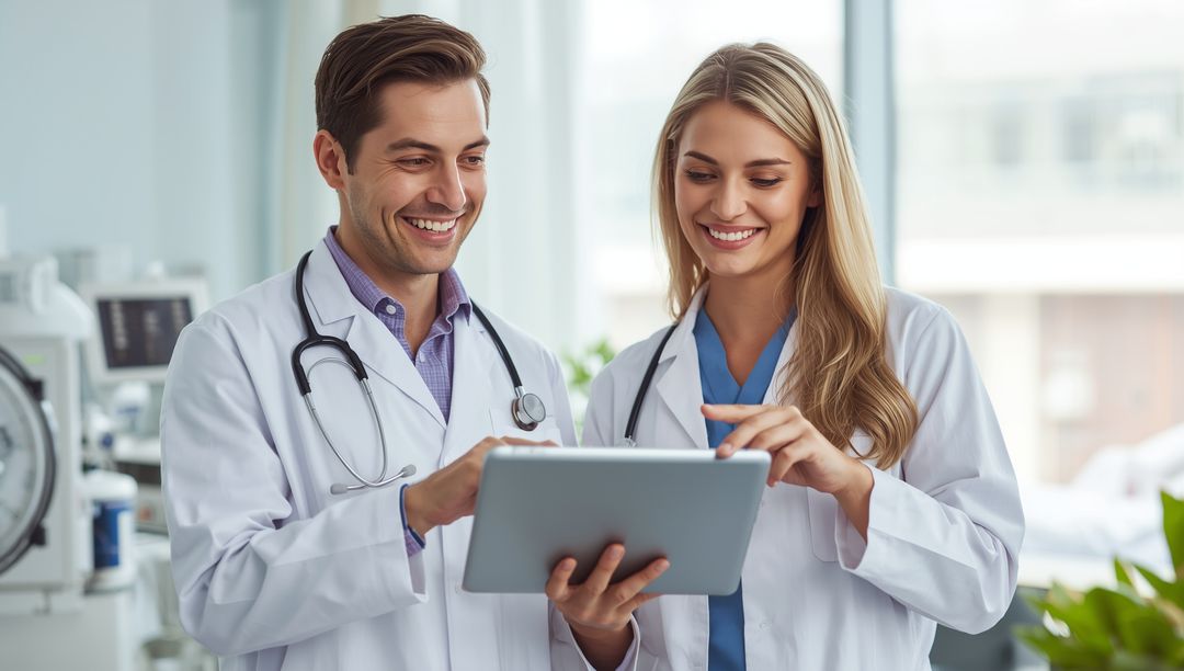 Doctors Collaborating in Clinic Office on Digital Tablet