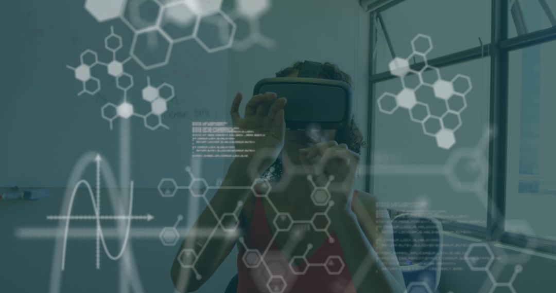 Woman in VR Headset Exploring Chemical Data Displays