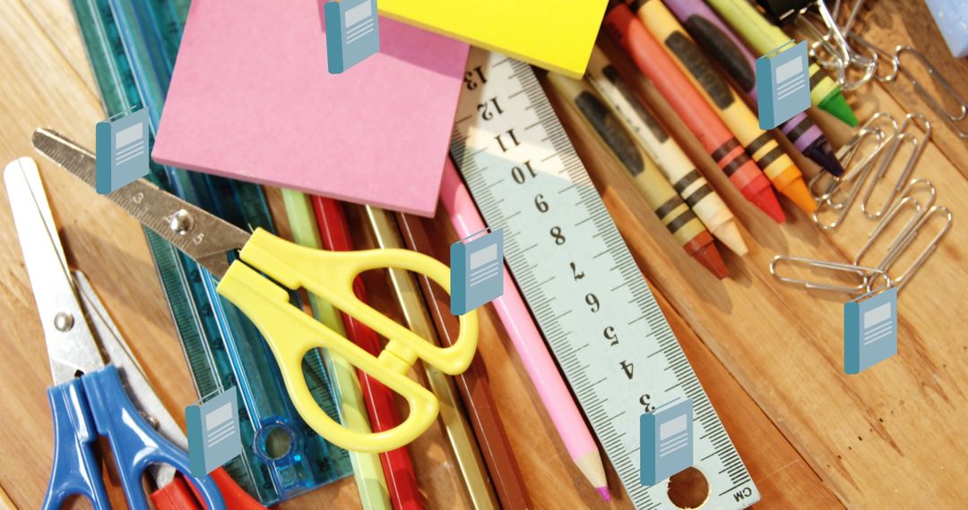 Colorful School Stationery with Digital Blue Icons