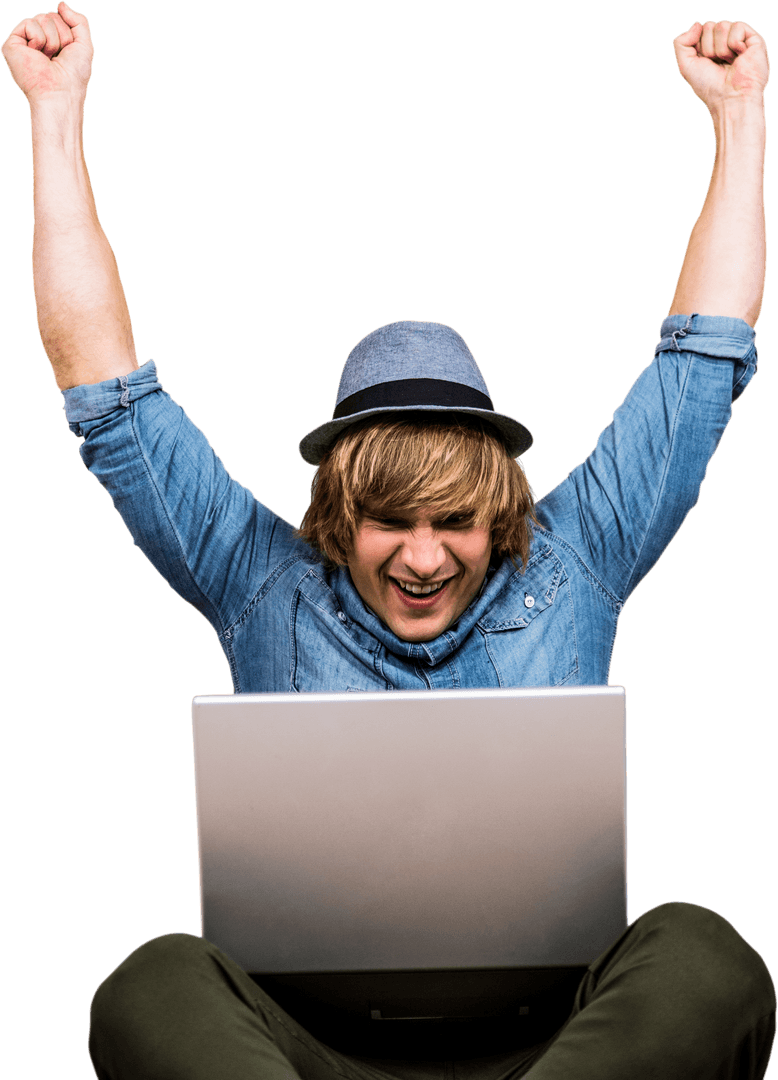 Transparent Happy Hipster Celebrating Online Success with Laptop