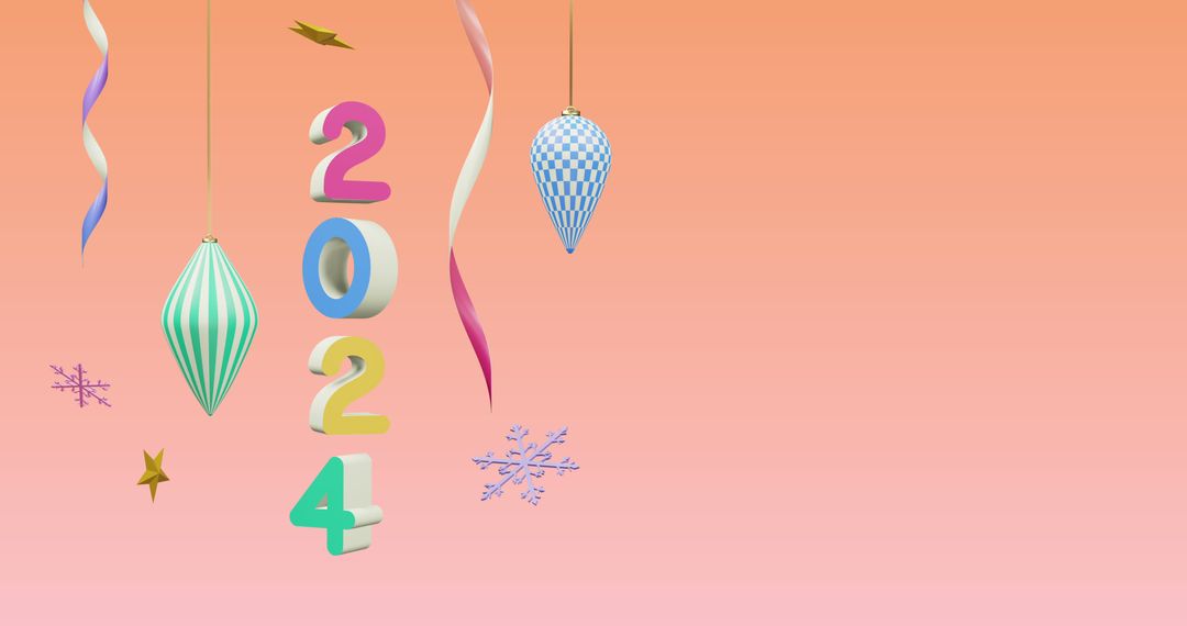 Colorful 2024 Text with Festive Decorations on Pink Background