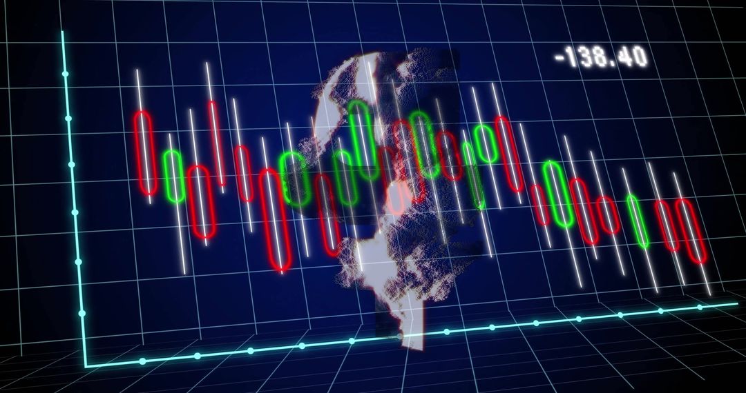 Digital Candlestick Chart with Wireframe Globe in Modern Analytics Visualization