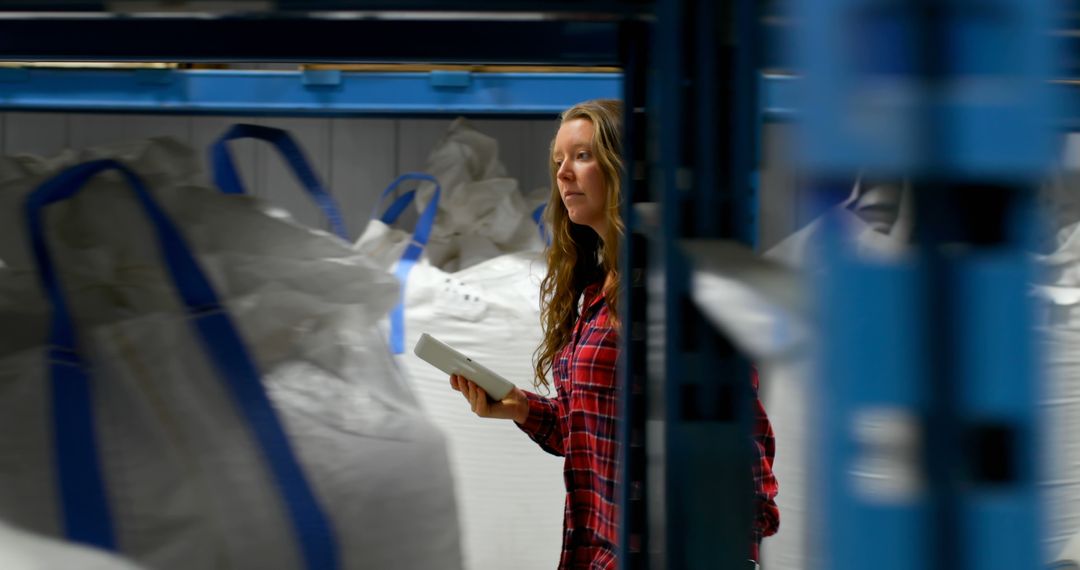 Female Worker in Warehouse with Large Storage Bags, Using Digital Tablet - Free Images, Stock Photos and Pictures on Pikwizard.com