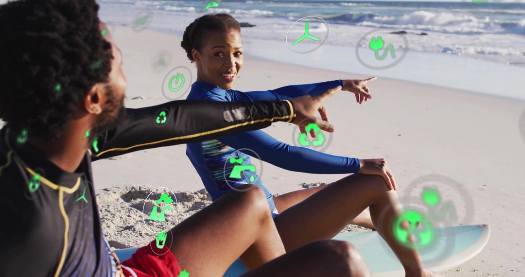 Surfers Pointing at Waves with Digital Technology Integration