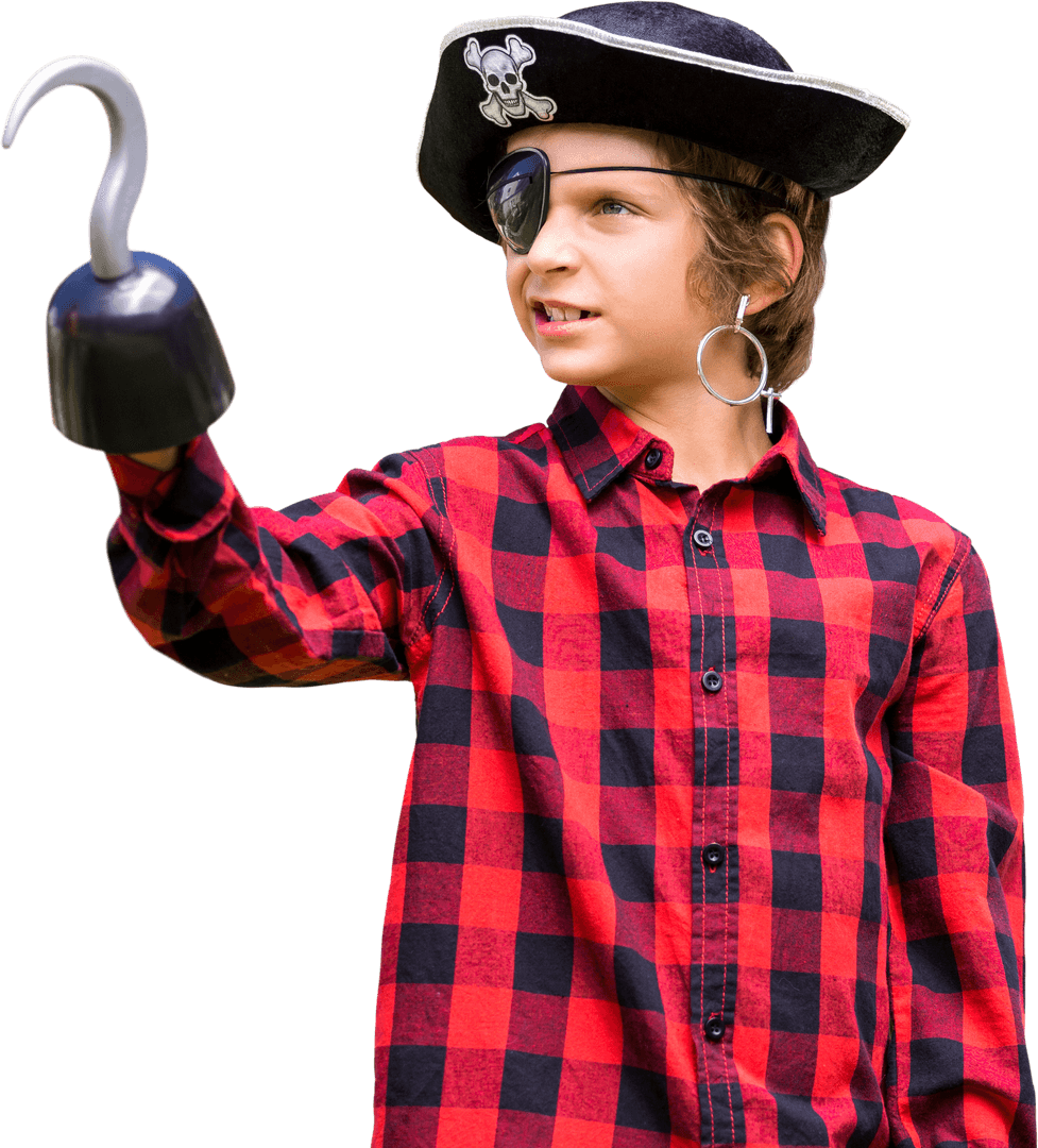 Child Wearing Pirate Costume with Hat and Hook on Transparent Background