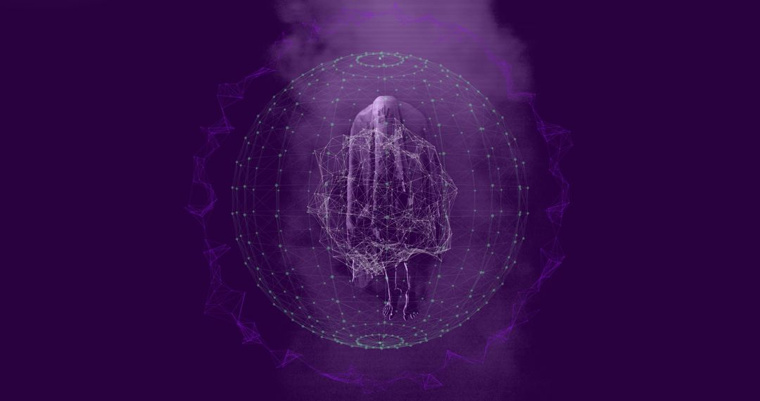 Futuristic Wireframe Humanoid Inside Virtual Sphere on Purple Glowing Background