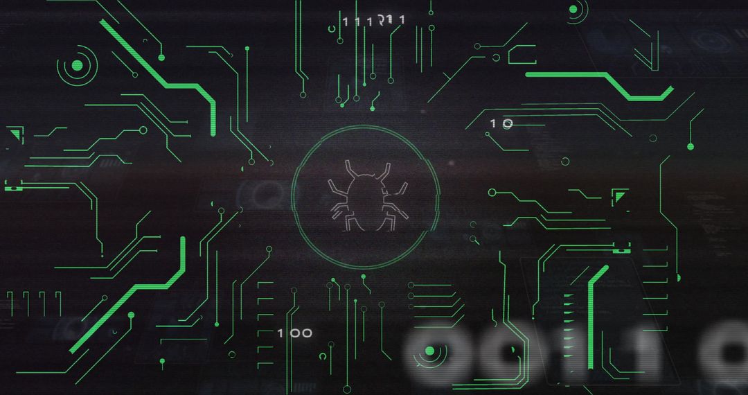 Digital Circuit with Glowing Green Bug Icon Illustrating Threat