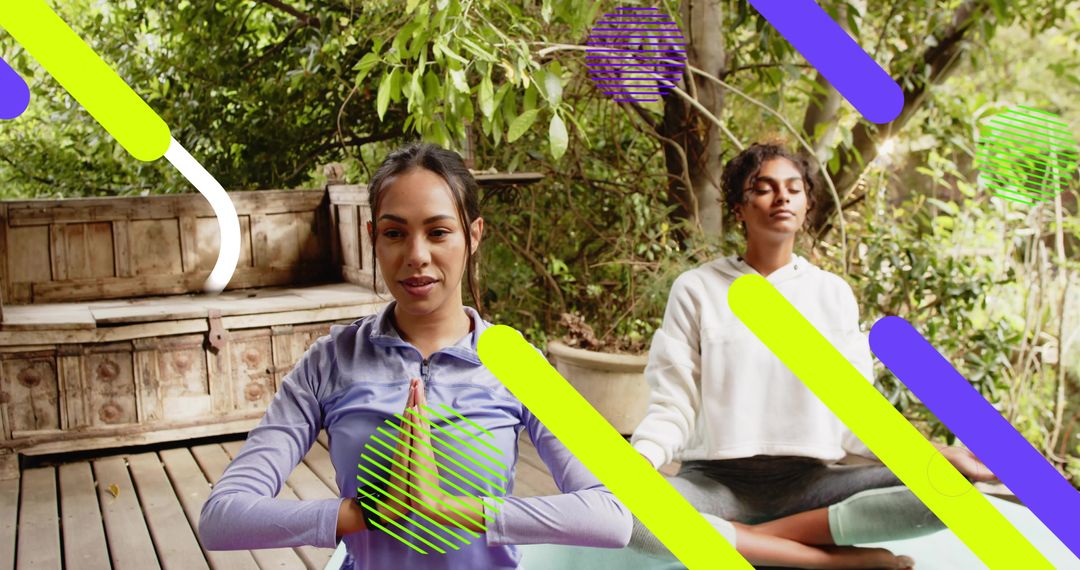 Meditating women practicing yoga on rustic backyard deck with neon graphic overlays
