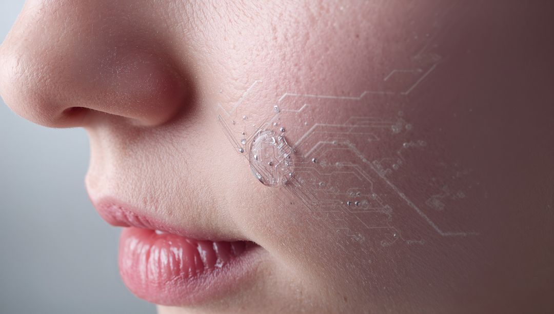 Closeup of Female Lower Face with Transparent Electronic Skin Patch and Circuit Contacts