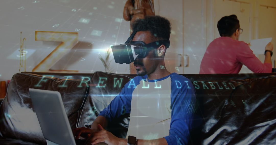 Man Using VR Headset with Laptop for Futuristic Experience