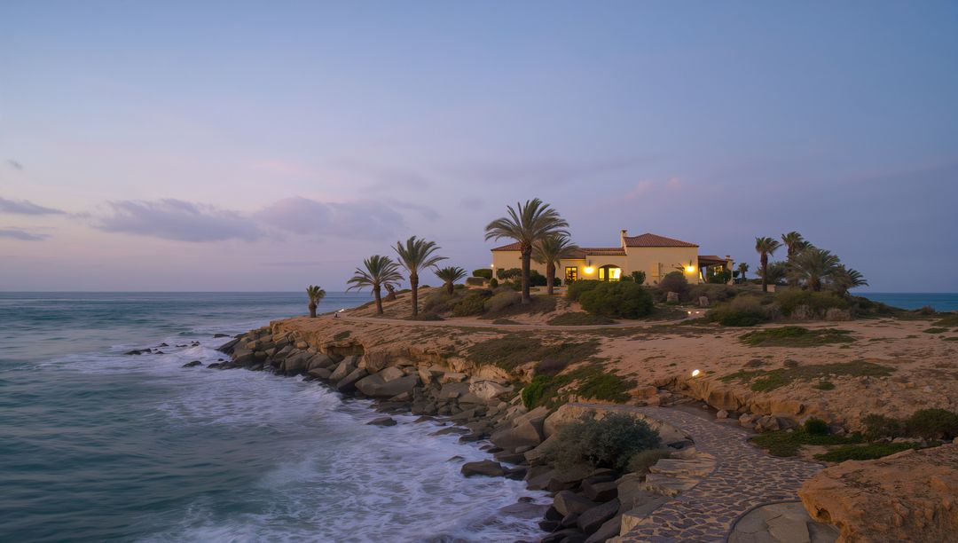 Villa Perching on Rocky Headland with Lit Windows, Palms and Paved Path at Dusk
