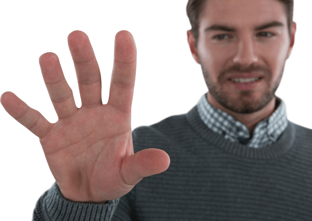 Caucasian Man Touching Virtual Screen with Transparent Background