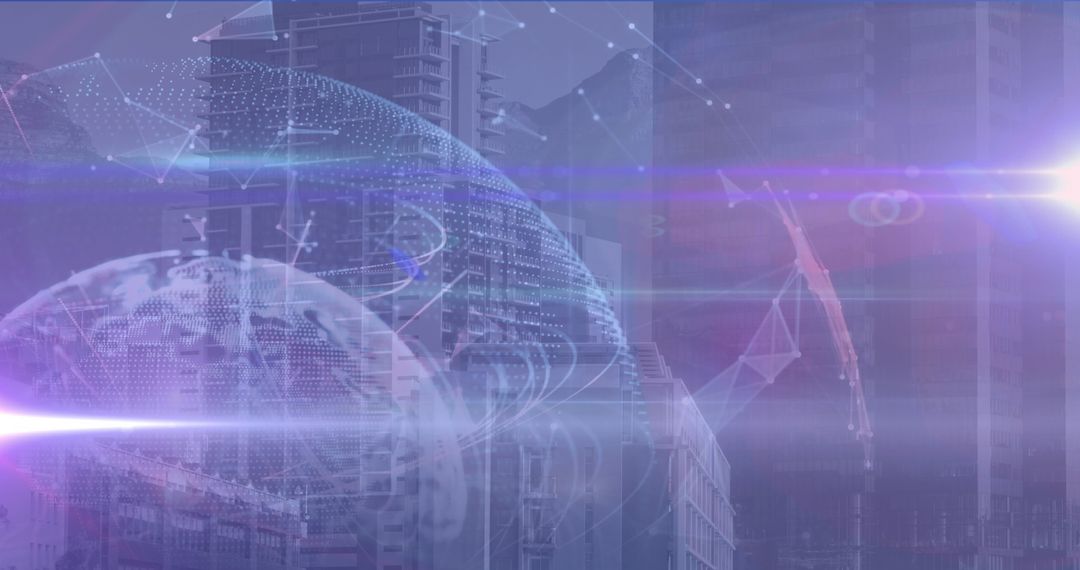 Holographic Globe Overlaying Futuristic Smart City Skyline