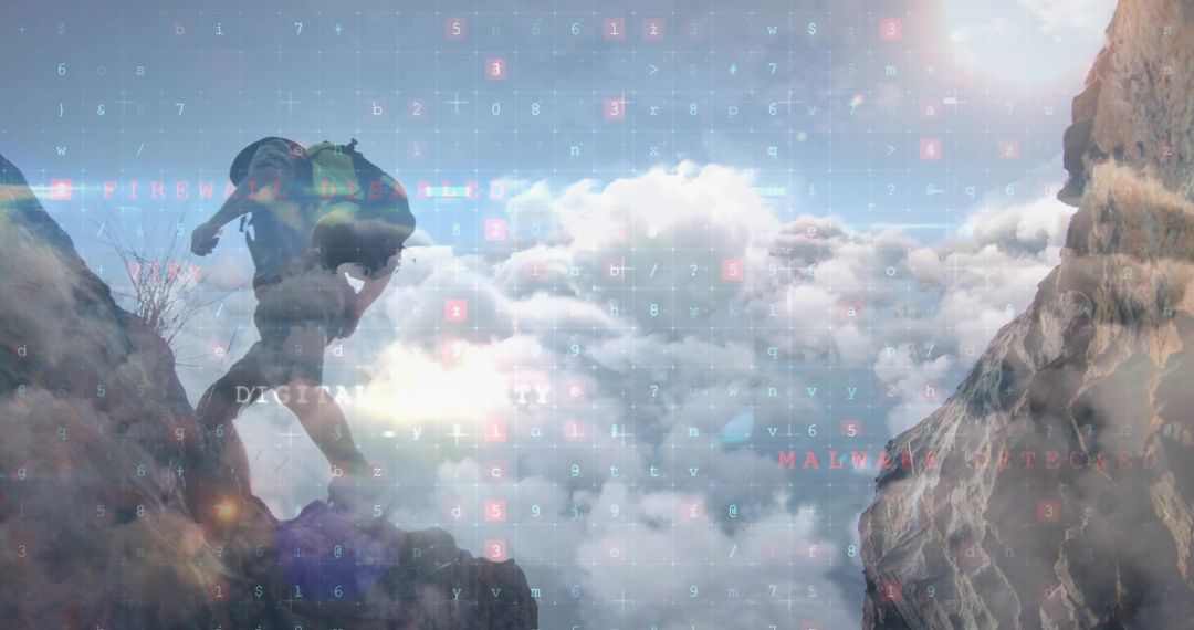 Adventurous Climber Navigating Mountain Ridge with Tech Overlay