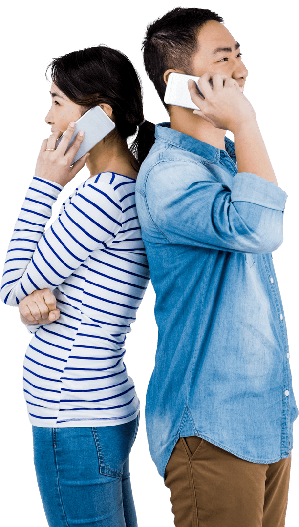 Cheerful Couple Back-to-Back Talking on Transparent Phones