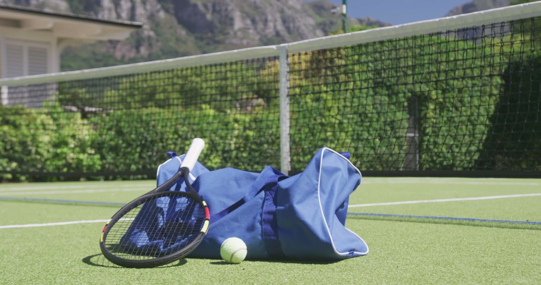 Tennis Racket and Ball on Court with Net and Bag - Free Images, Stock Photos and Pictures on Pikwizard.com