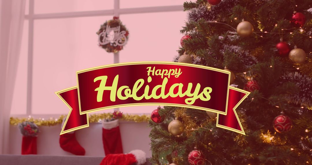 Christmas Tree with Happy Holidays Text and Festive Decorations