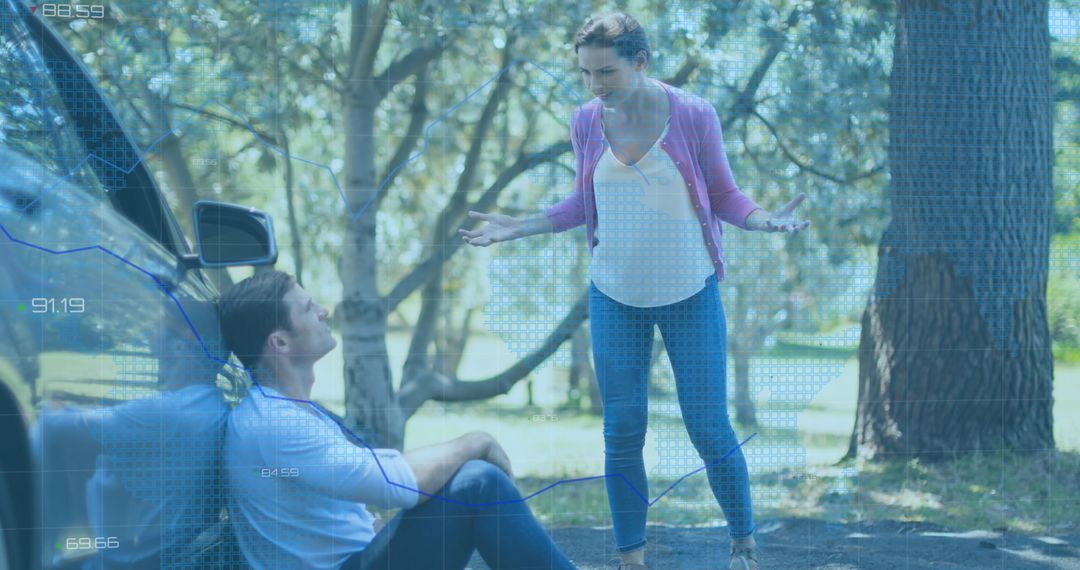 Overlay of Financial Data on Couple in Outdoor Setting