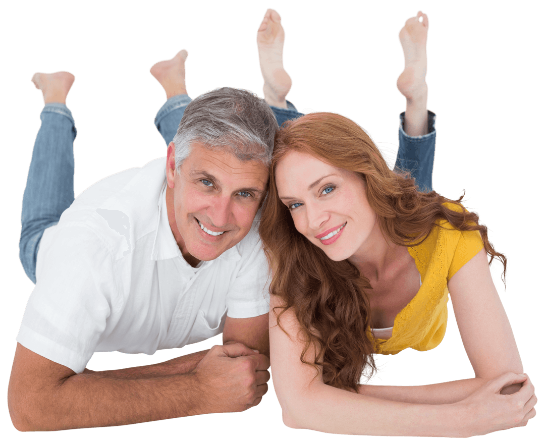 Smiling Mature Couple Lying on Floor on Transparent Background