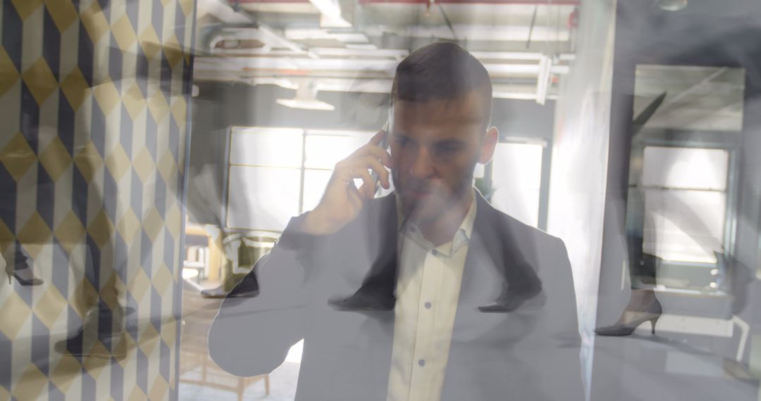 Caucasian Businessman on Phone with Layered Timelapse Effect