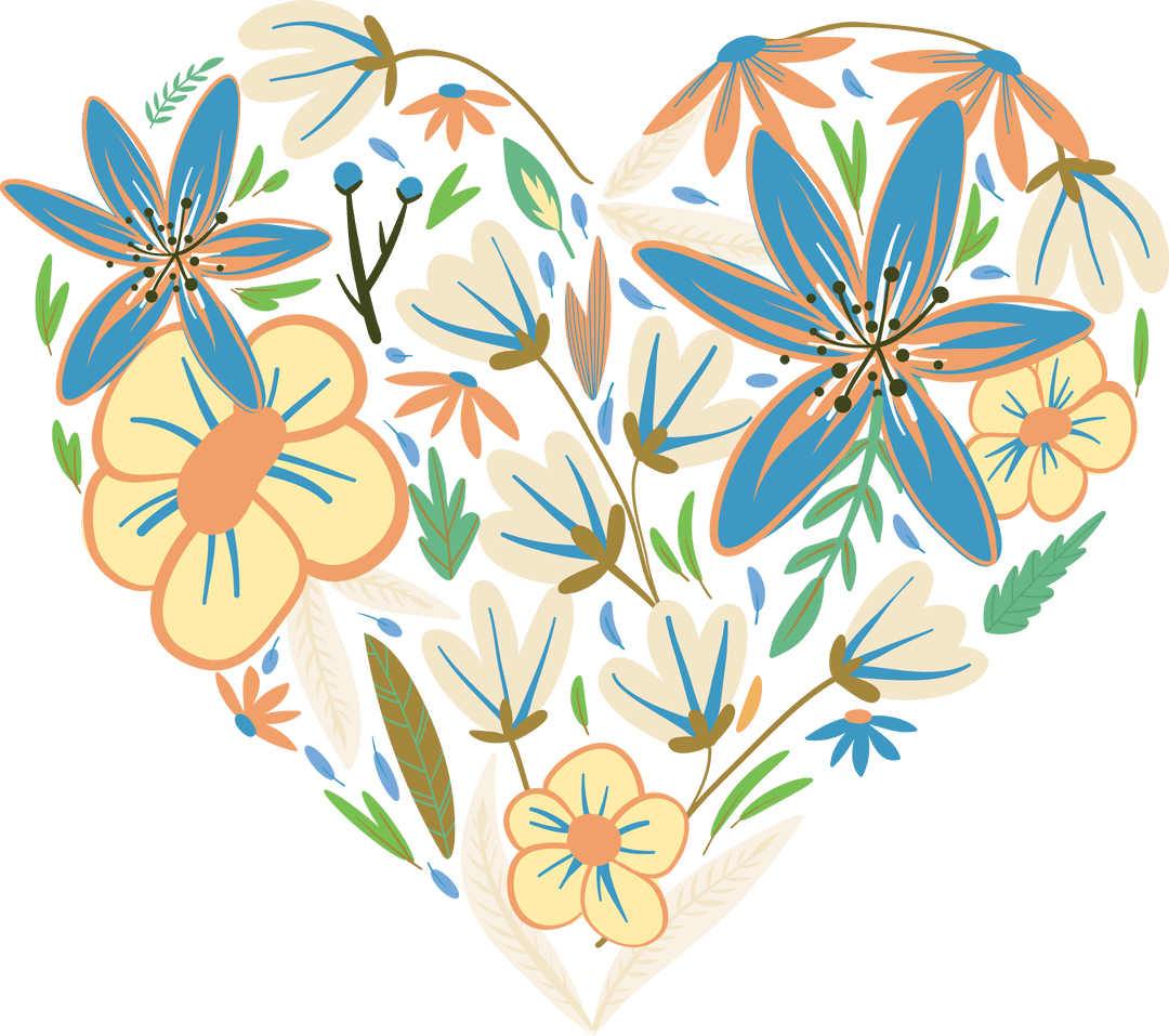 Colorful Flowers in Heart Shape on Transparent Background