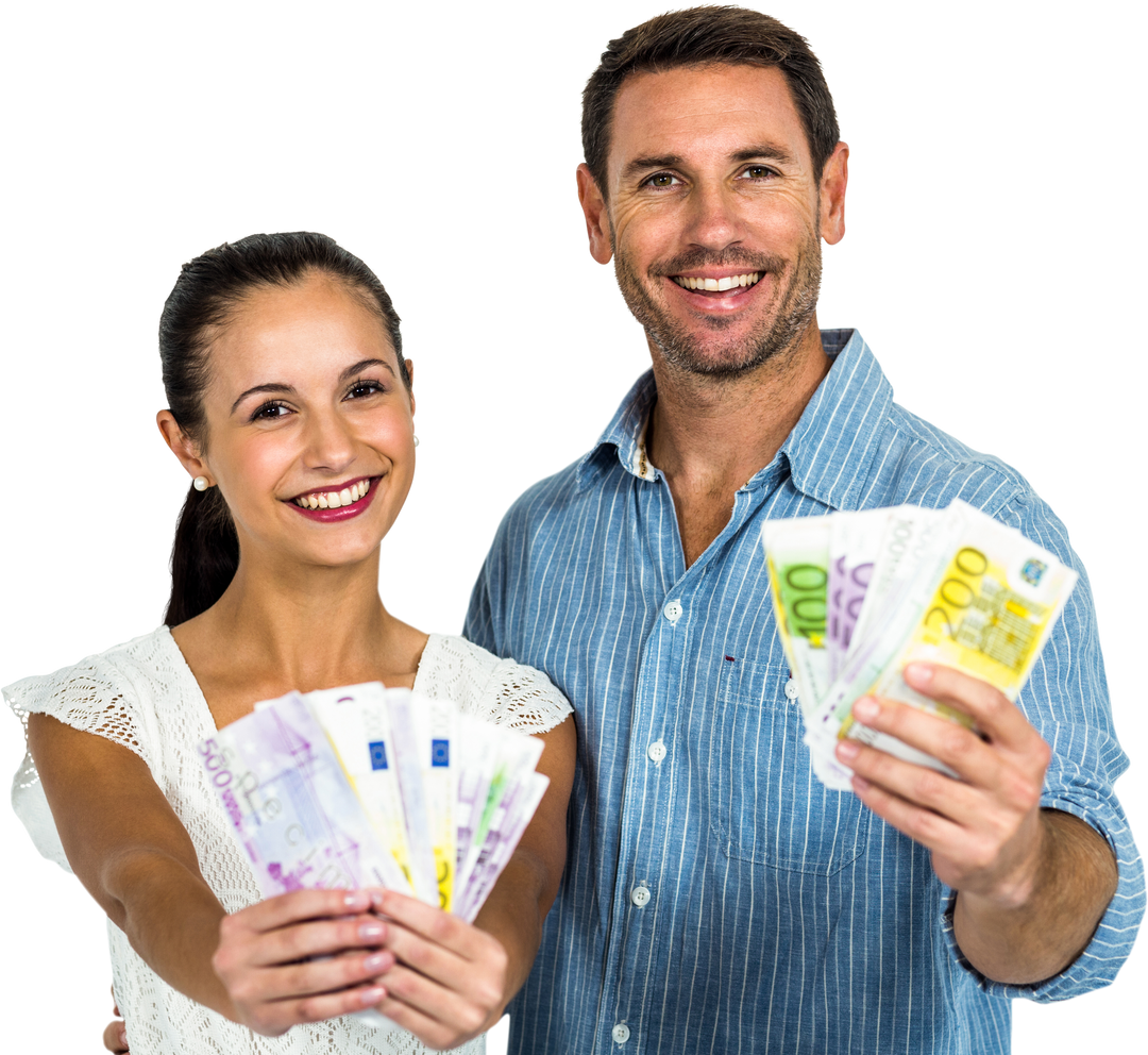 Happy Couple Holding Euro Banknotes Smiling on Transparent Background - Download Free Stock Images Pikwizard.com