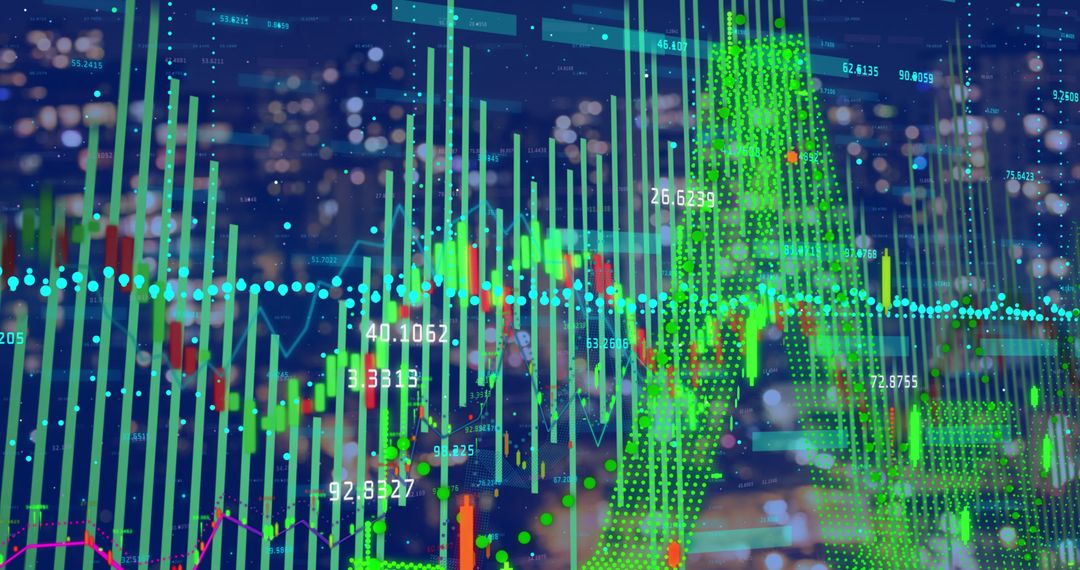 Digital Data Visualization Over Cityscape With Glowing Green Charts