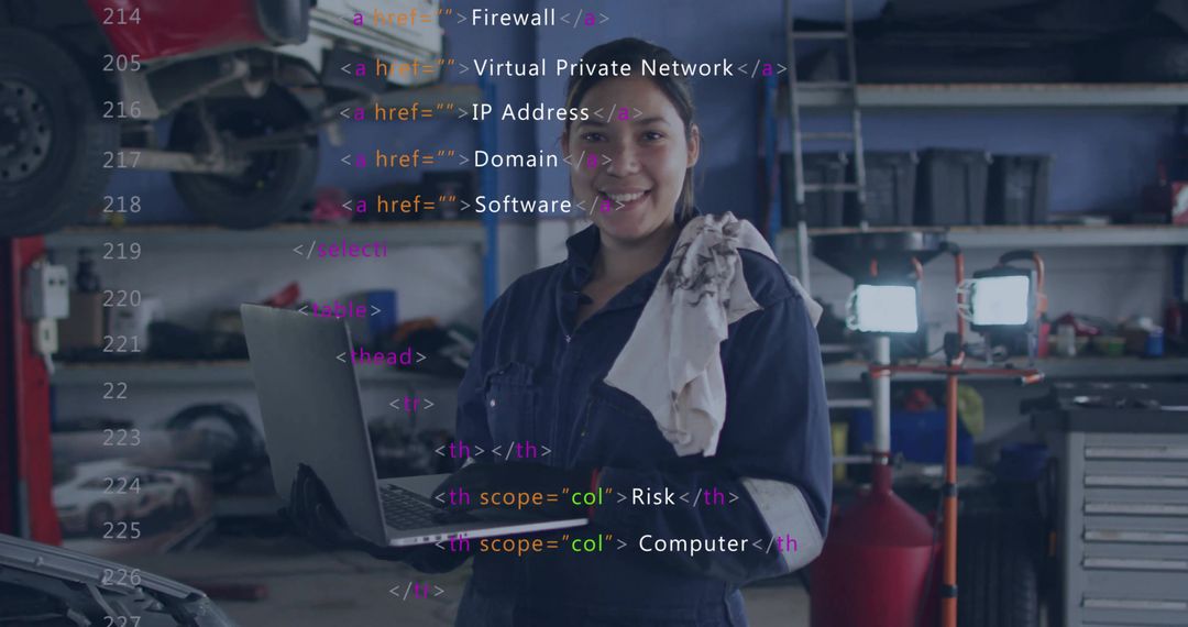 Female mechanic holding laptop in garage with code overlay diagnosing vehicle systems