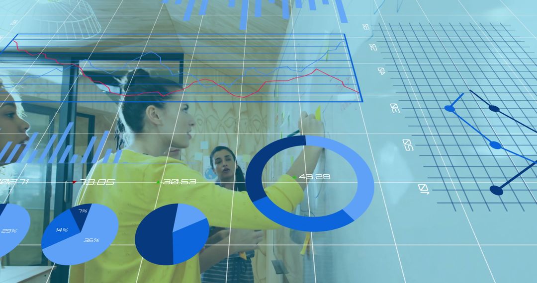 Diverse Coworkers Analyzing Data with Overlay of Growth Graphs