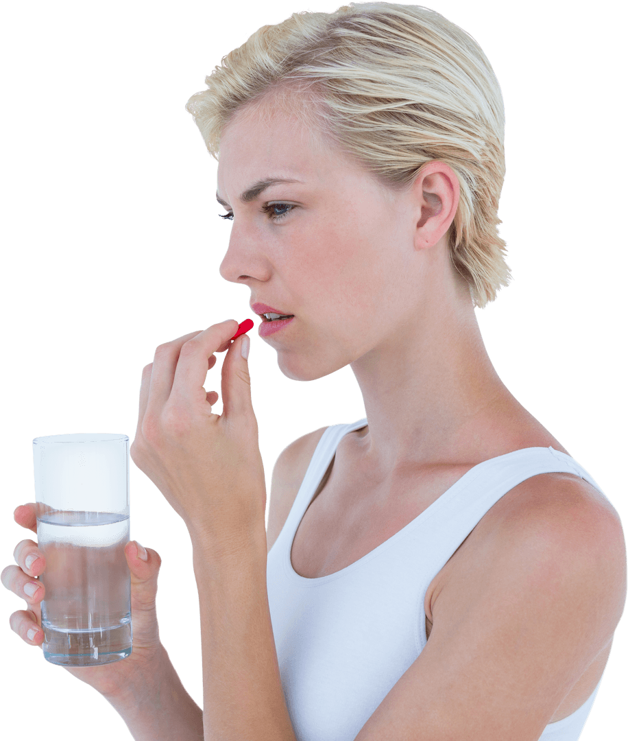 Woman with Glass of Water Taking Red Pill on Transparent Background