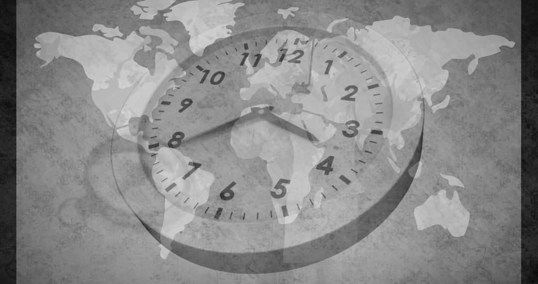 World Map Time Concept with Clock Overlay in Black and White