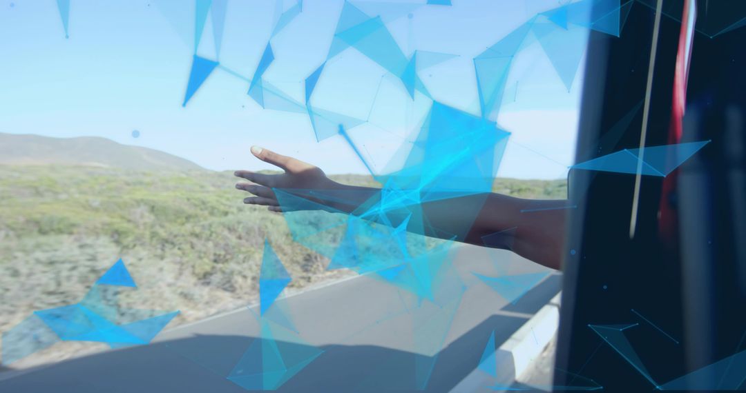 Abstract Futuristic Concept with Outstretched Arm and Blue Polygons