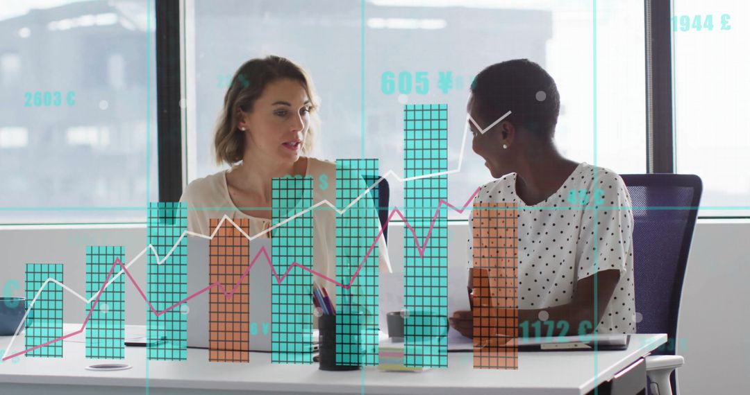 Colleagues Collaborating on Financial Analysis with Data Graphics Overlay