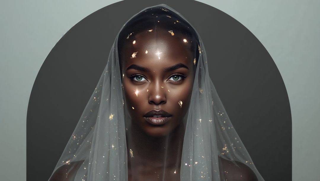 Ethereal dark-skinned model wearing gold-flecked veil in arched minimalist portrait