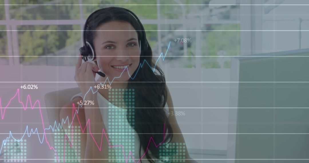 Timely Data Analysis with Businesswoman Using Phone Headset