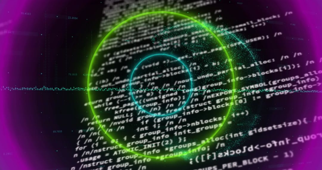 Neon Circles and Code Overlaying Digital Screen Technology