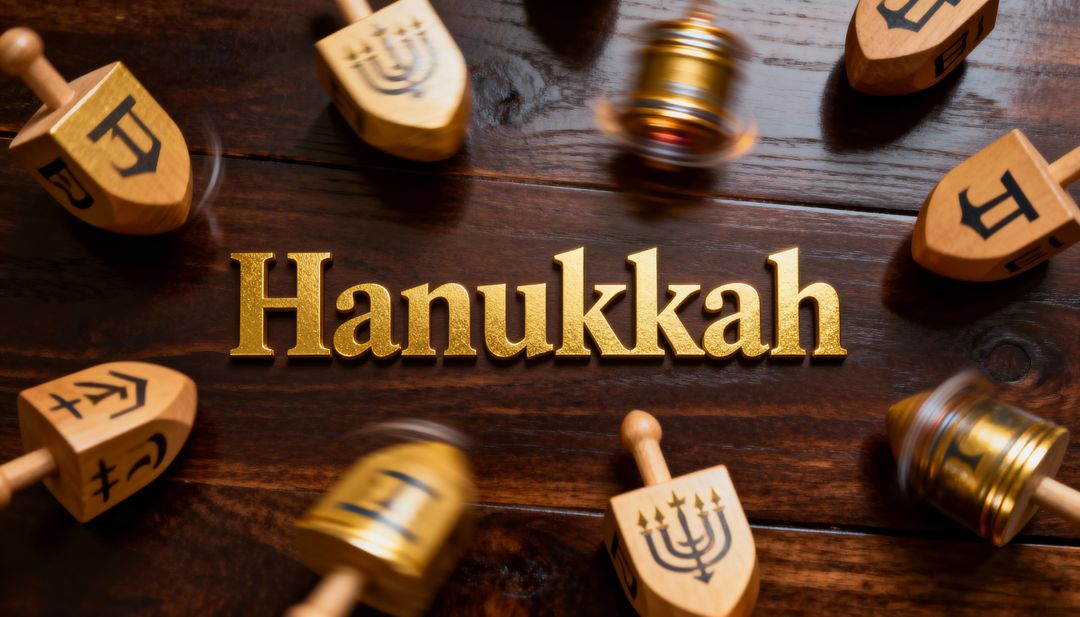 Golden Hanukkah lettering with spinning dreidels on dark wood tabletop