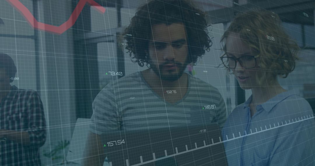 Financial Analysis Concepts Overlay on Diverse Professionals in Office