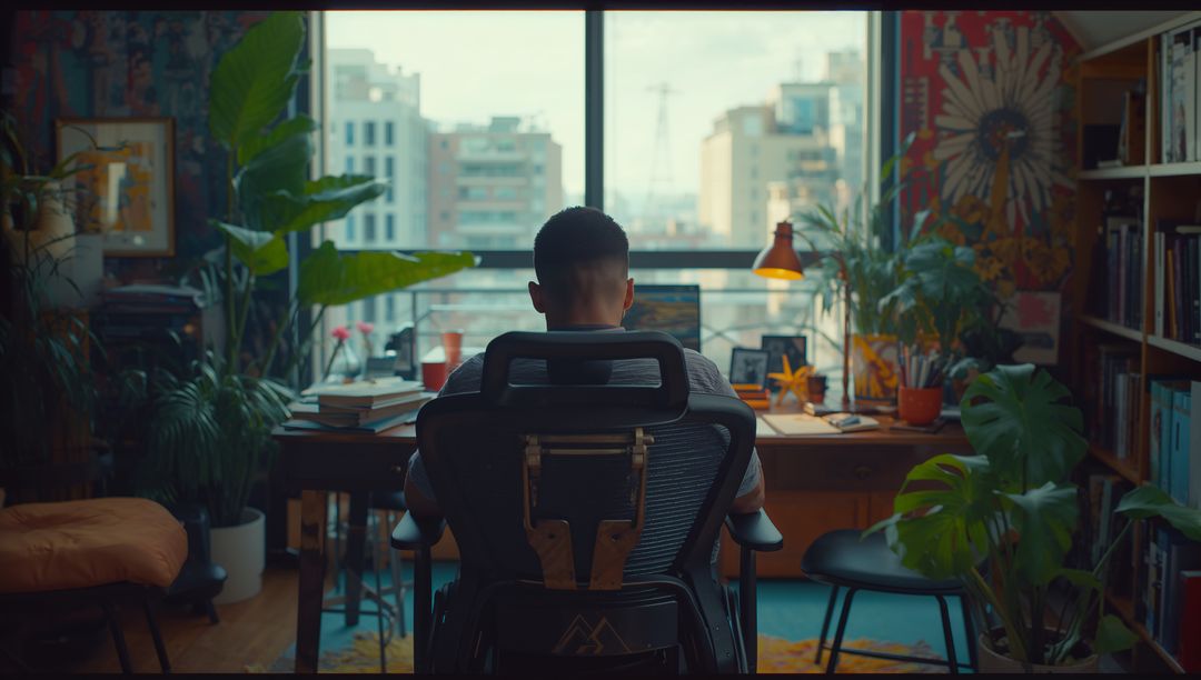 Professional Man at Home Office Desk with Lush Greenery