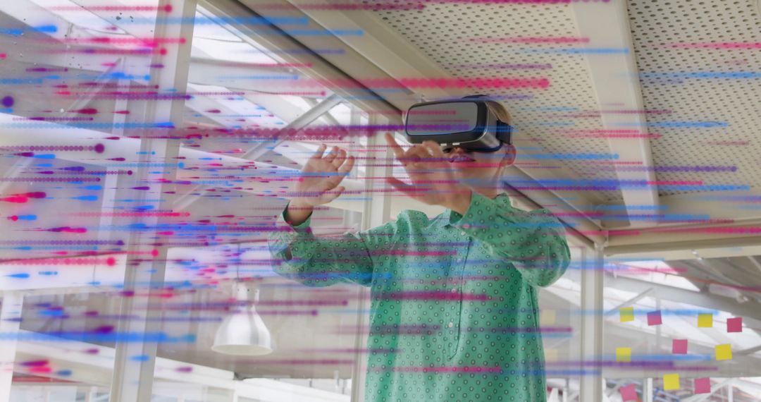 Woman Wearing VR Headset Interacting with Data Visualization in Office