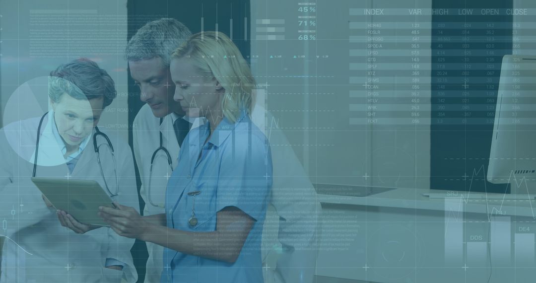 Diverse Medical Team Analyzing Data on Digital Tablet