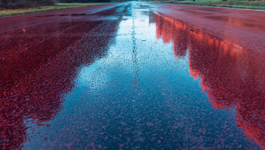 Puddle on Rural Road Reflects Red Trees and Cloudy Sky